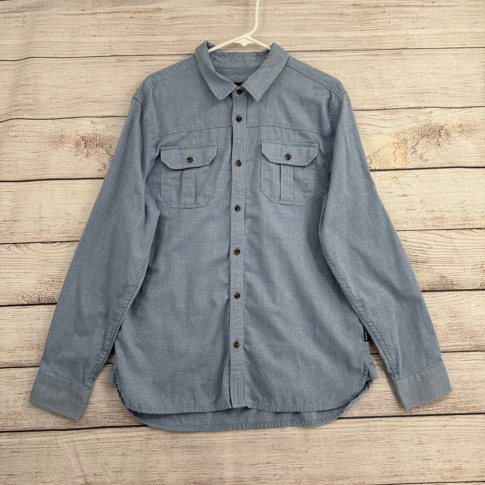 prAna Button Down Shirt Mens Large Blue Herringbone Roll Tab Sleeve M21181333